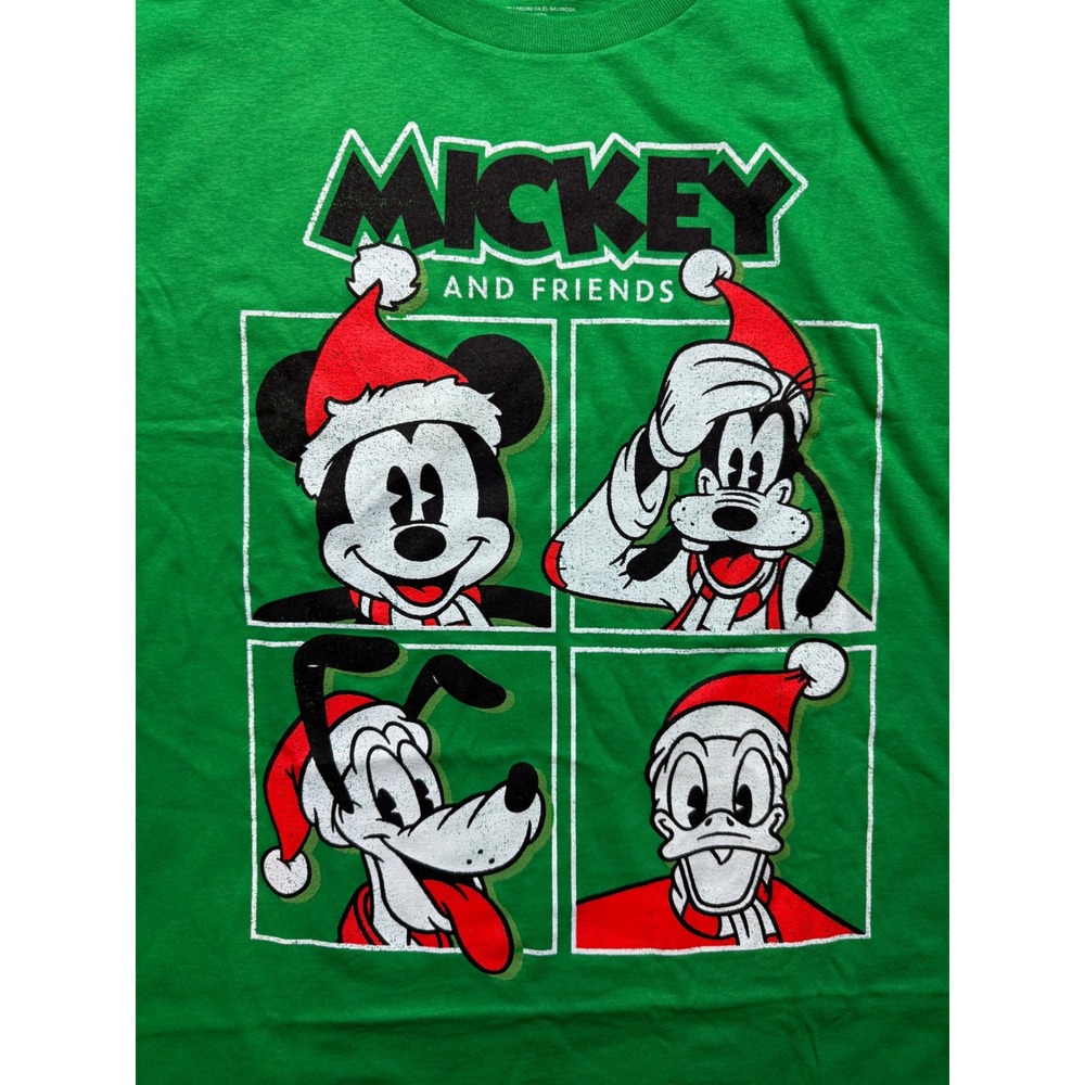 Disney Mickey and Friends Christmas Green Graphic T-Shirt Mens XL Santa Hat - Picture 3 of 6
